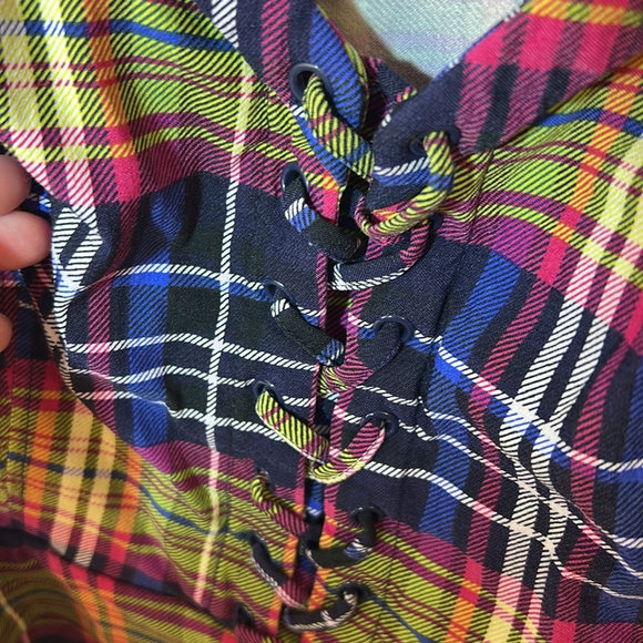 Torrid baby doll, Plaid vibrant Multicolor Women's Top with shoelace detail 3X - Picture 4 of 11
